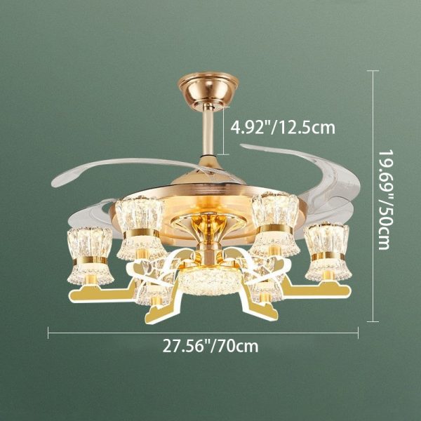 Traditional European Cylinder Iron Stainless Steel Crystal Acrylic LED Downrods Ceiling Fan Light For Living Room - Image 6