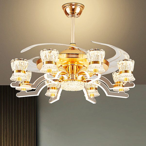 Traditional European Cylinder Iron Stainless Steel Crystal Acrylic LED Downrods Ceiling Fan Light For Living Room - Image 3