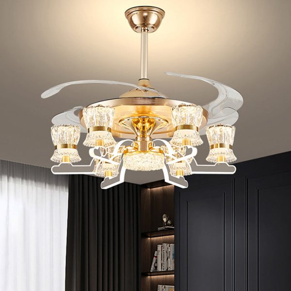 Traditional European Cylinder Iron Stainless Steel Crystal Acrylic LED Downrods Ceiling Fan Light For Living Room - Image 4