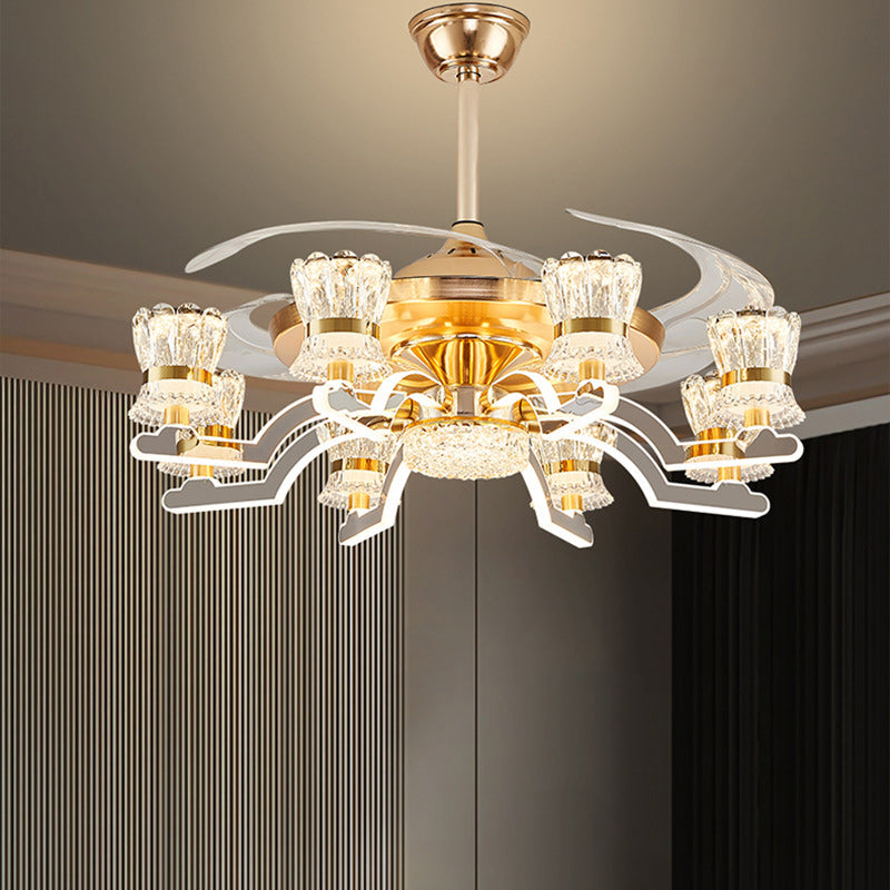 BS-Lighting-LX02021-13.jpg Traditional European Cylinder Iron Stainless Steel Crystal Acrylic LED Downrods Ceiling Fan Light For Living Room - Image 1