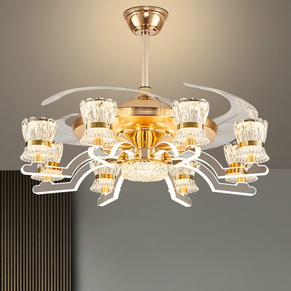 Traditional European Cylinder Iron Stainless Steel Crystal Acrylic LED Downrods Ceiling Fan Light For Living Room - Image 11