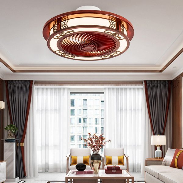 Traditional Chinese Round Wealth Pattern Wood Acrylic Copper ABS LED Flush Mount Ceiling Fan Light For Bedroom - Image 2