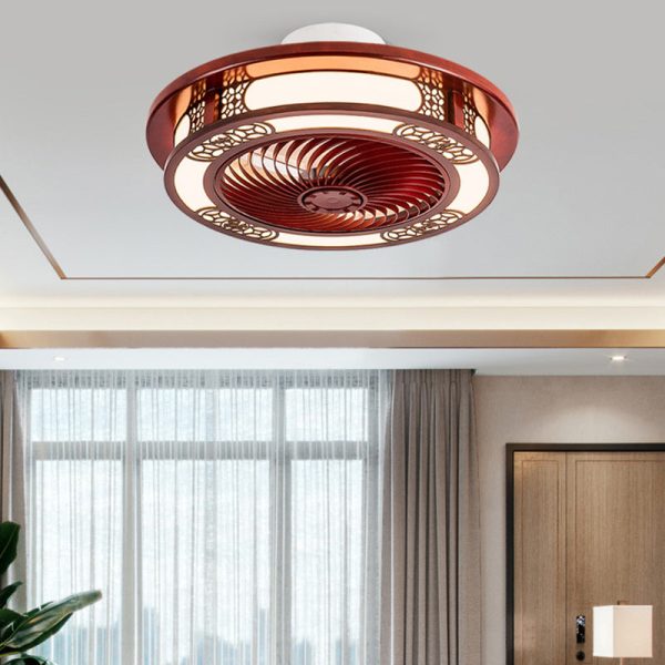 Traditional Chinese Round Wealth Pattern Wood Acrylic Copper ABS LED Flush Mount Ceiling Fan Light For Bedroom - Image 3