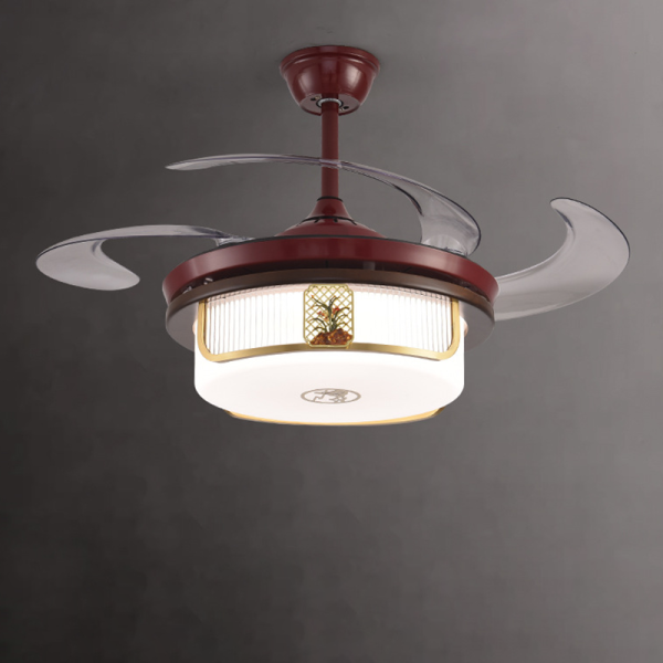 Traditional Chinese Sandalwood Hardware Stainless Steel Acrylic Round Cymbidium LED Downrods Ceiling Fan Light For Living Room - Image 4