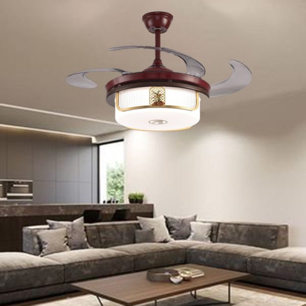 Traditional Chinese Sandalwood Hardware Stainless Steel Acrylic Round Cymbidium LED Downrods Ceiling Fan Light For Living Room - Image 2