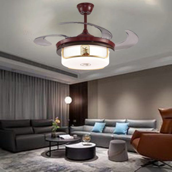 Traditional Chinese Sandalwood Hardware Stainless Steel Acrylic Round Cymbidium LED Downrods Ceiling Fan Light For Living Room - Image 3