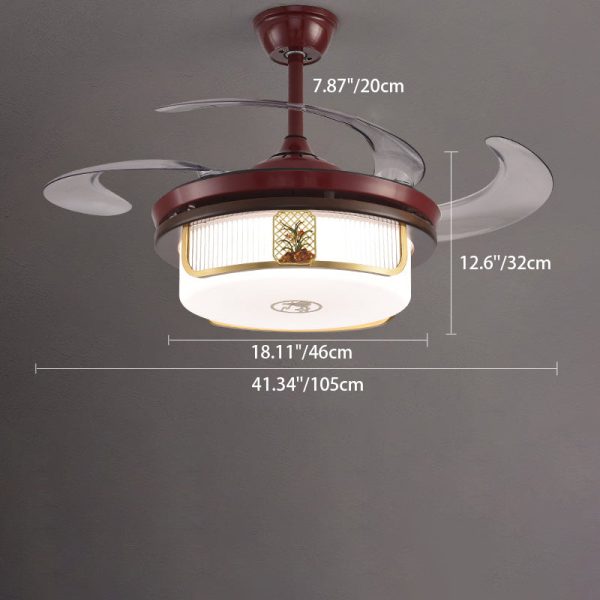 Traditional Chinese Sandalwood Hardware Stainless Steel Acrylic Round Cymbidium LED Downrods Ceiling Fan Light For Living Room - Image 5