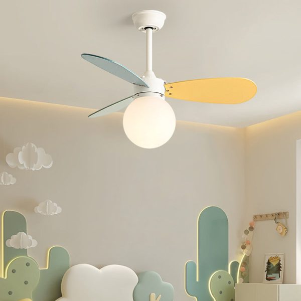 Contemporary Nordic Wood Iron Acrylic Ball 1-Light Downrods Ceiling Fan Light For Bedroom - Image 4