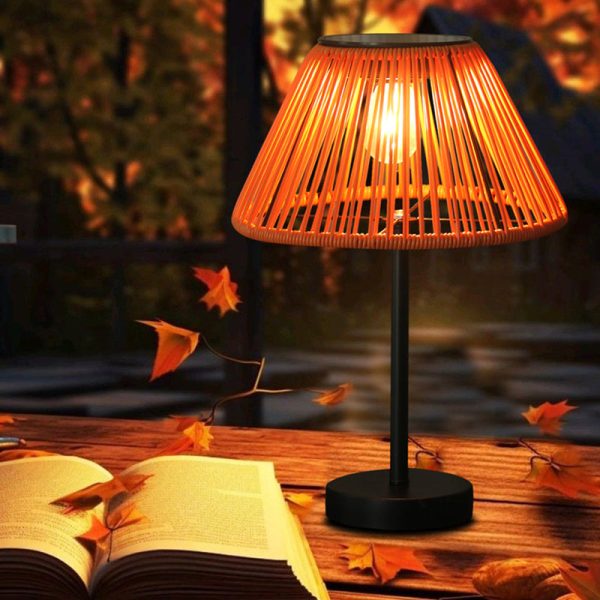 Traditional Farmhouse Waterproof Solar Rechargeable Weaving Gum Rattan Iron Conic LED Outdoor Table Lamp For Garden - Image 5