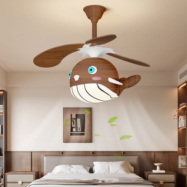 Contemporary Creative Kids Whale Dolphin Iron Wood ABS Acrylic LED Downrods Ceiling Fan Light For Bedroom - Image 4