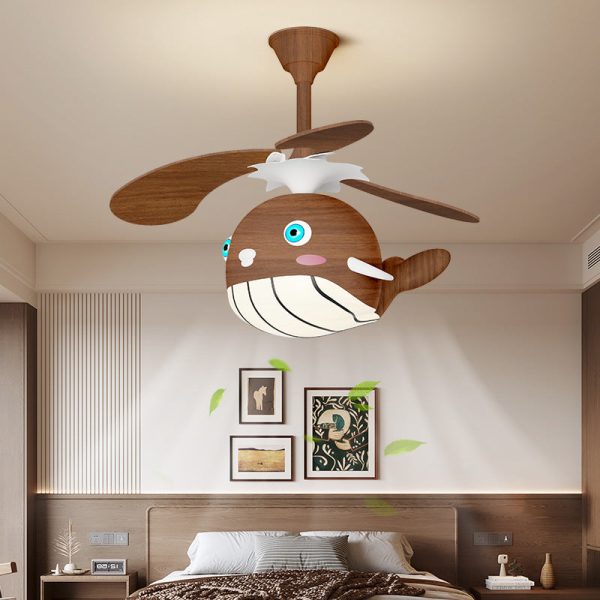 Contemporary Creative Kids Whale Dolphin Iron Wood ABS Acrylic LED Downrods Ceiling Fan Light For Bedroom - Image 5
