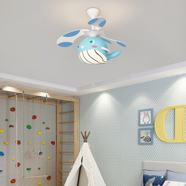 Contemporary Creative Kids Whale Dolphin Iron Wood ABS Acrylic LED Downrods Ceiling Fan Light For Bedroom - Image 3