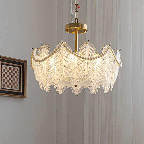 Traditional French Iron Glass Pearl Leaf 5/6/8 Light Semi-Flush Mount Ceiling Light For Bedroom - Image 3