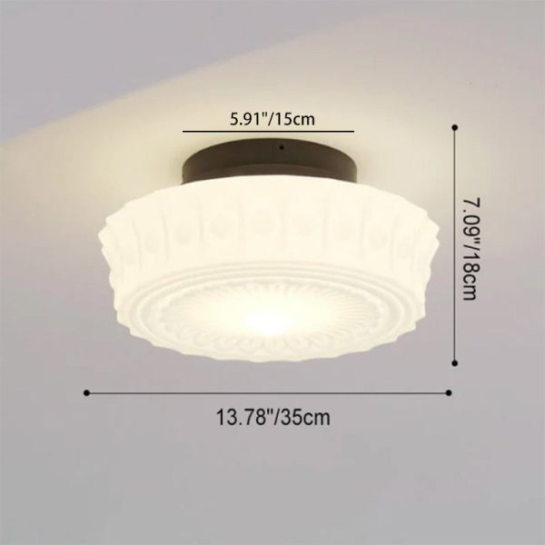 French Vintage White Jade Glass Stripes Round Drum LED Semi-Flush Mount Ceiling Light - Image 7