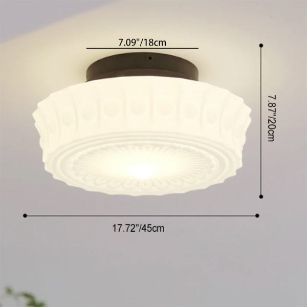 French Vintage White Jade Glass Stripes Round Drum LED Semi-Flush Mount Ceiling Light - Image 8