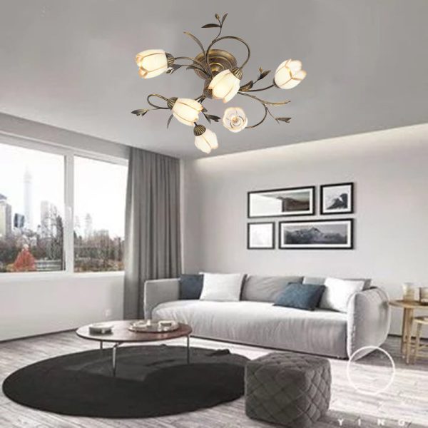 Traditional French Flower Shaped Iron Glass 4/6/8/10/12 Light Semi-Flush Mount Ceiling Light For Bedroom - Image 16