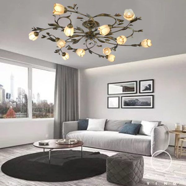 Traditional French Flower Shaped Iron Glass 4/6/8/10/12 Light Semi-Flush Mount Ceiling Light For Bedroom - Image 15