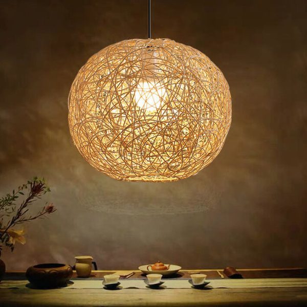 Rattan Weaving Beige Globe Shade 1-Light Pendant Light - Image 9