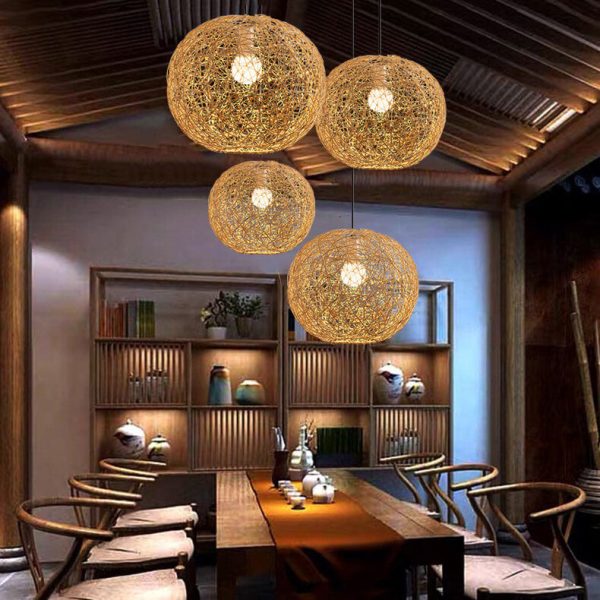 Rattan Weaving Beige Globe Shade 1-Light Pendant Light - Image 2
