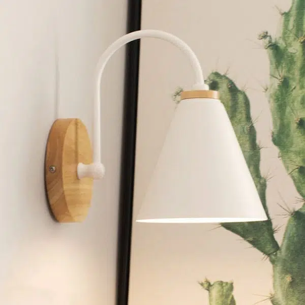 Modern Minimalist Cone Shade Wooden Base 1-Light Wall Sconce Lamp