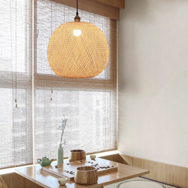 Bamboo Weaving Round Ball Beige 1-Light Japanese Pendant Light - Image 3
