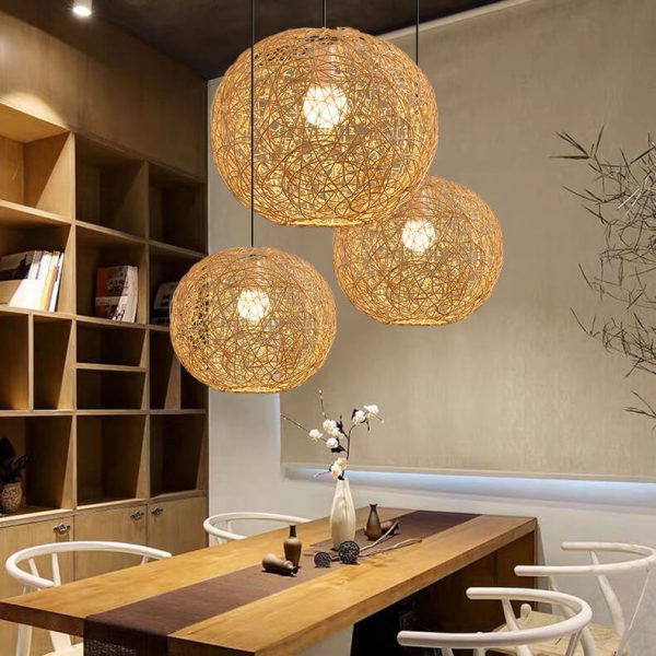 Rattan Weaving Beige Globe Shade 1-Light Pendant Light - Image 3