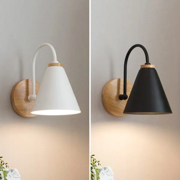 Modern Minimalist Cone Shade Wooden Base 1-Light Wall Sconce Lamp - Image 4
