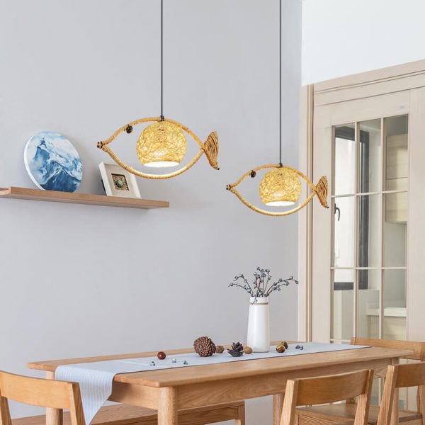 Creative Hemp Rope Willow Weaving Fish Shape 1-Light LED Pendant Light - Image 2