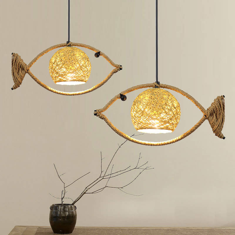 O1CN01Wo2hY626pEKPbghN0-2609027710-0-cib.jpg Creative Hemp Rope Willow Weaving Fish Shape 1-Light LED Pendant Light - Image 1