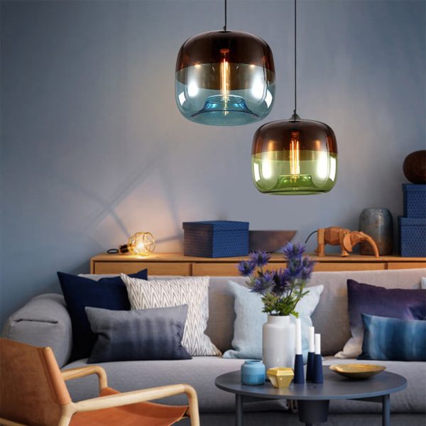 Retro Colorful Glass 1-Light Drum Pendant Light - Image 2