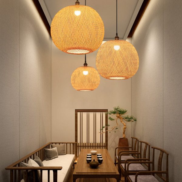 Bamboo Weaving Round Ball Beige 1-Light Japanese Pendant Light - Image 7