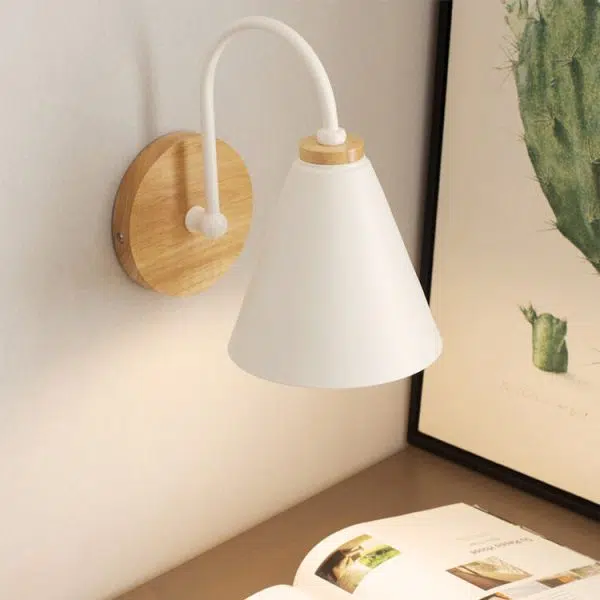 Modern Minimalist Cone Shade Wooden Base 1-Light Wall Sconce Lamp - Image 8