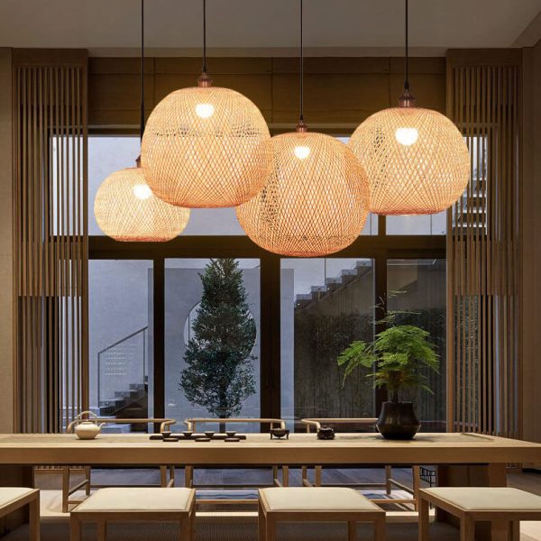 Bamboo Weaving Round Ball Beige 1-Light Japanese Pendant Light - Image 10