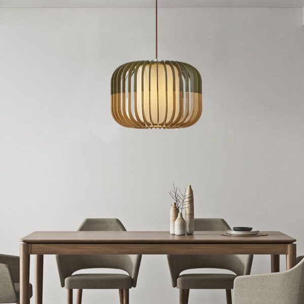 Modern Wooden Cage 1-Light Drum Pendant Light - Image 5