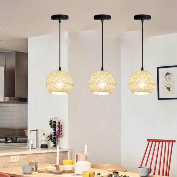 Rattan Weaving Beige Globe 1/3 Light Pendant Light - Image 3