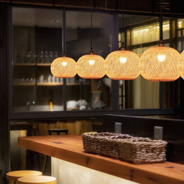 Bamboo Weaving Round Ball Beige 1-Light Japanese Pendant Light - Image 4