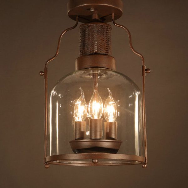 Industrial Vintage Antique Iron Glass Lantern 3-Light Semi-Flush Mount Ceiling Light - Image 2