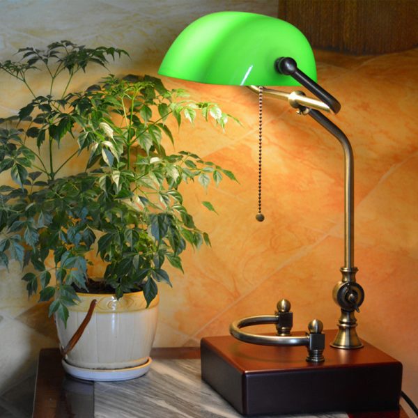 Traditional Vintage Square Green Shade Glass Solid Wood Iron 1-Light Table Lamp For Living Room - Image 2