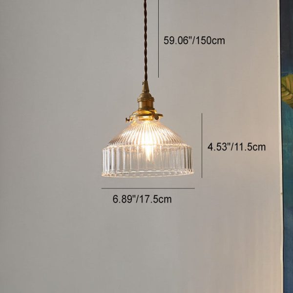 Contemporary Scandinavian Round Striped Glass Brass 1-Light Pendant Light For Living Room - Image 3