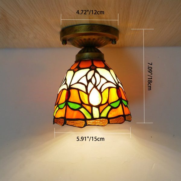 Traditional Tiffany Tulip Stained Glass Iron Dome 1-light Semi-Flush Mount Ceiling Light For Living Room - Image 4