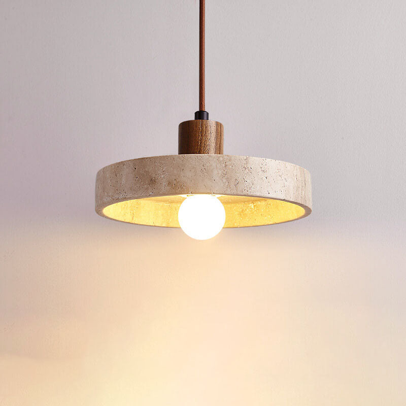SKU-01-21-1cm-E27.jpg Japanese Minimalist Solid Wood Disc Yellow Travertine Base 1-Light Pendant Light - Image 1