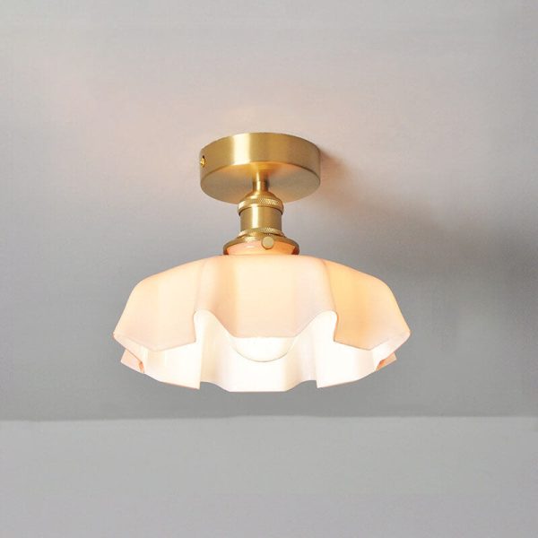 Japanese Vintage Cream Glass Floral Brass 1-Light Semi-Flush Mount Ceiling Light - Image 19