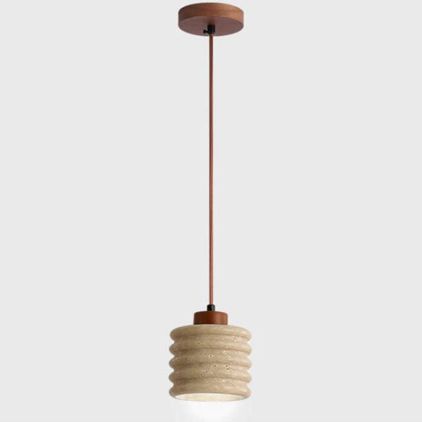 Japanese Wabi-Sabi Yellow Travertine Cylinder Lampshade Wood 1-Light Pendant Light - Image 9