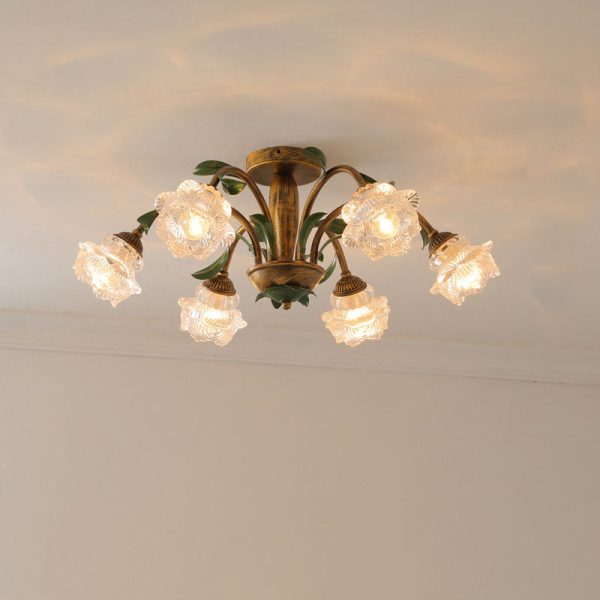 Traditional Rustic Floral Iron Glass 6/8/10 Light Semi-Flush Mount Ceiling Light For Living Room - Image 16