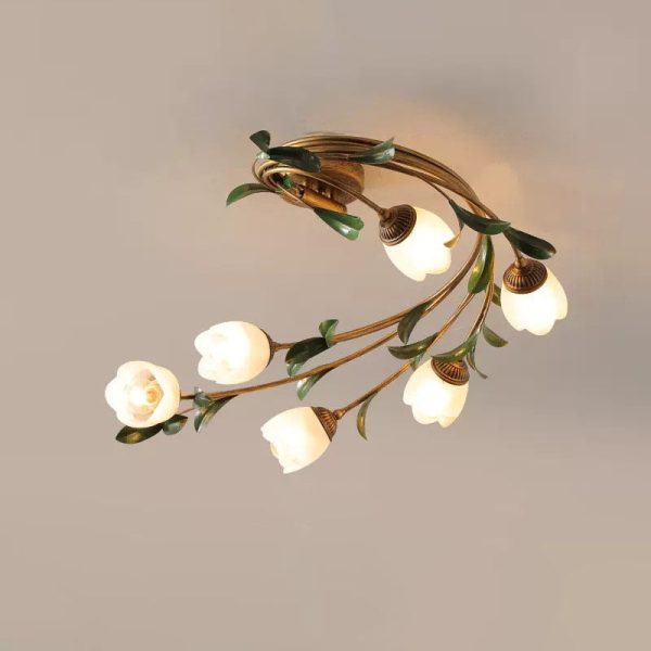 Traditional French Floral Iron Glass 6-Light Flush Mount Ceiling Light For Living Room - Image 7