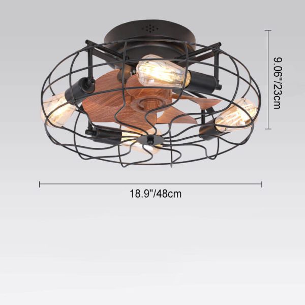 Industrial Vintage Wood Grain Drum Cage Design 3-Light Flush Mount Ceiling Fan Light - Image 7