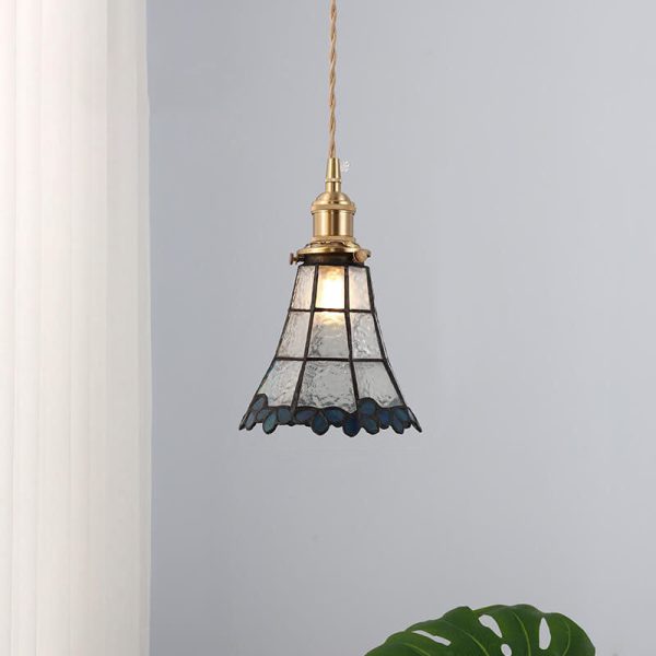 Japanese Vintage Brass Stained Glass Cone 1-Light Pendant Light - Image 16