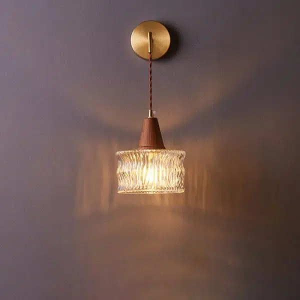 Japanese Walnut Glass  Copper Cylinder 1-Light Wall Sconce Lamp - Image 3