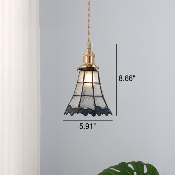 Japanese Vintage Brass Stained Glass Cone 1-Light Pendant Light - Image 8