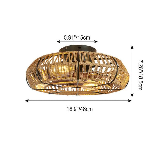 Traditional Rustic Round Drum Iron Hemp Rope 4-Light Semi-Flush Mount Ceiling Fan Light For Bedroom - Image 7